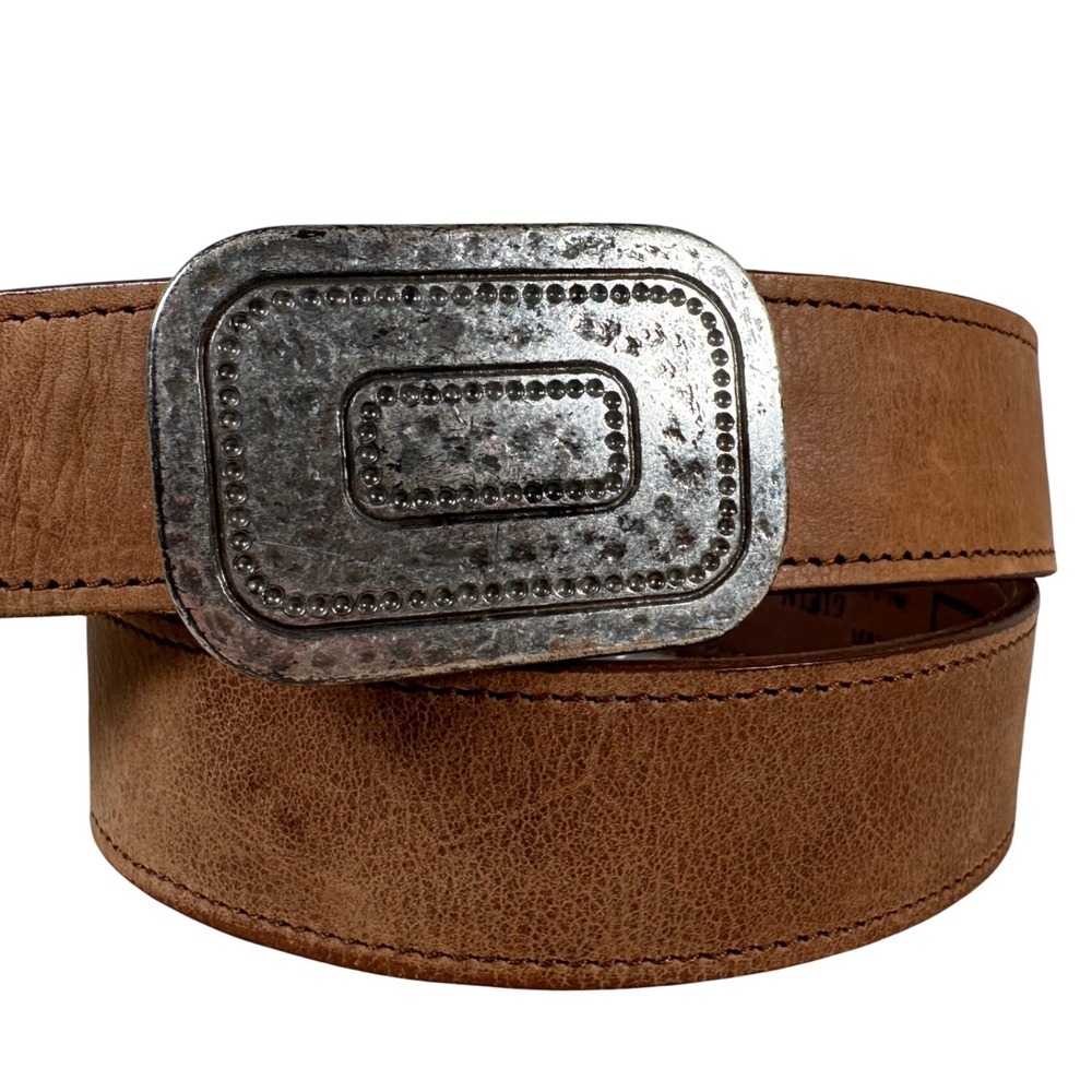 Vintage leather belt western boho Navasota Tan USA Silver Hammered buckle‎